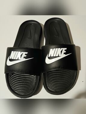 Women's Nike Black Slide Sandals with White Logo Size 8